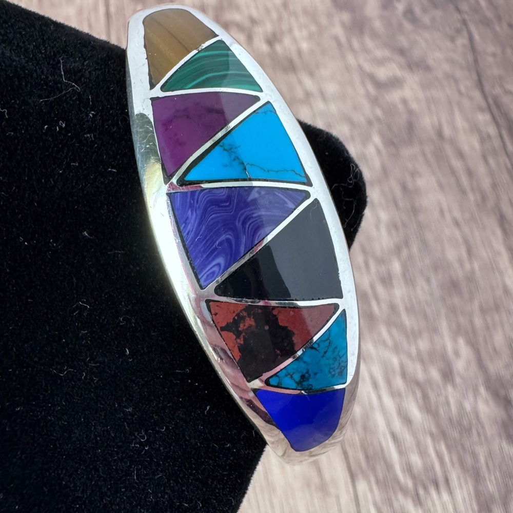 Sterling Silver Hinged Turquoise Jasper Malachite Onyx Inlay Silver Bangle